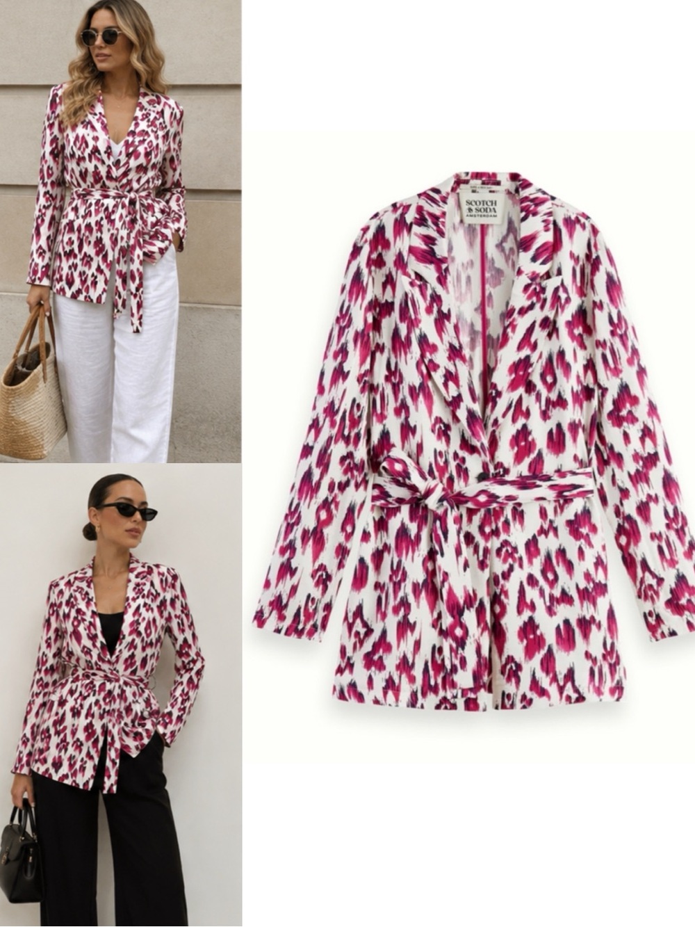 NEW | SCOTCH & SODA Pink White Animal-Print Wrap Blazer Drapey Ikat Cherry Pie S